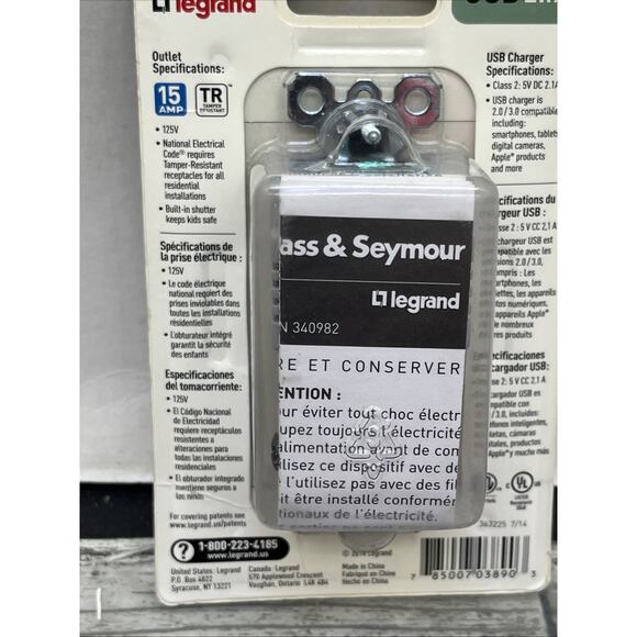 LeGrand 2 USB 2.1A Chargers + 1 Outlet, Black, 125V. {106}. - Picture 6 of 9